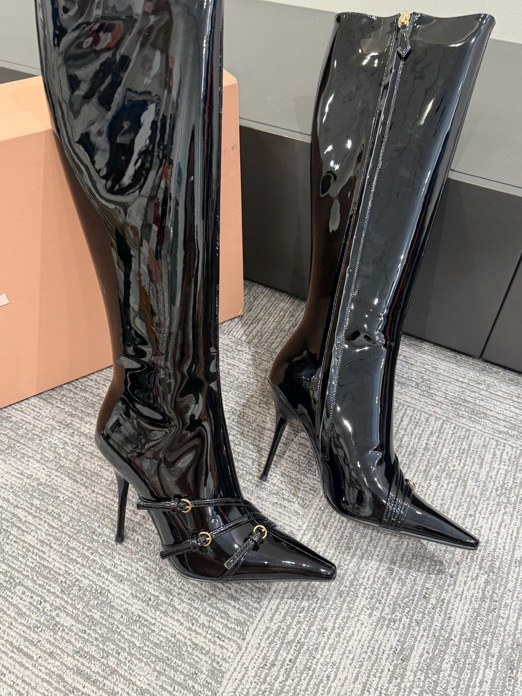 Miu 90 knee high boots black patent leather