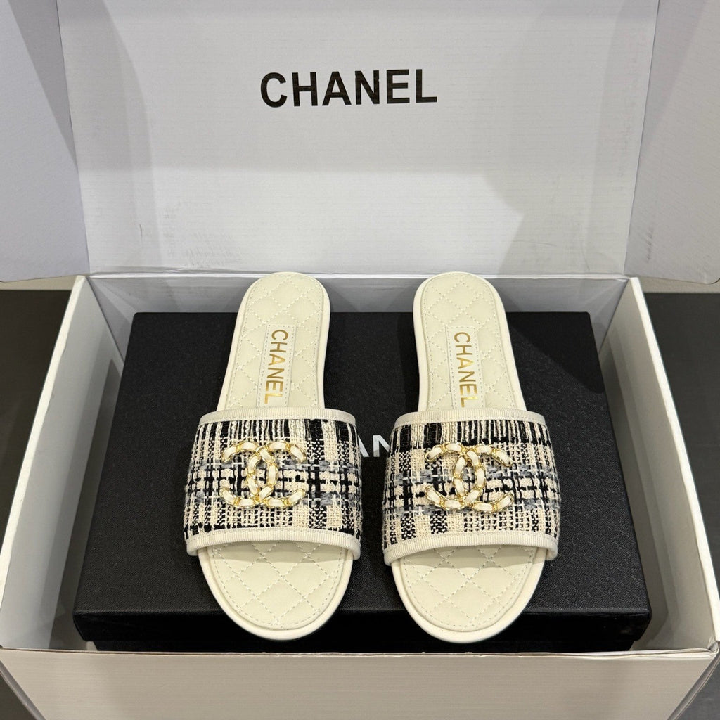CC 25ss Chain Flat Slippers Black WhiteCowhide & Sheepskin 417563