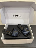 CC 25ss Chain Flat Slippers Black Blue Cowhide & Sheepskin 417564