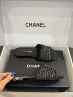 CC 25ss Chain Flat Slippers Black Cowhide & Sheepskin 417565