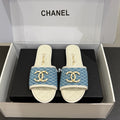 CC 25ss Chain Flat Slippers Blue White Cowhide & Sheepskin 417566