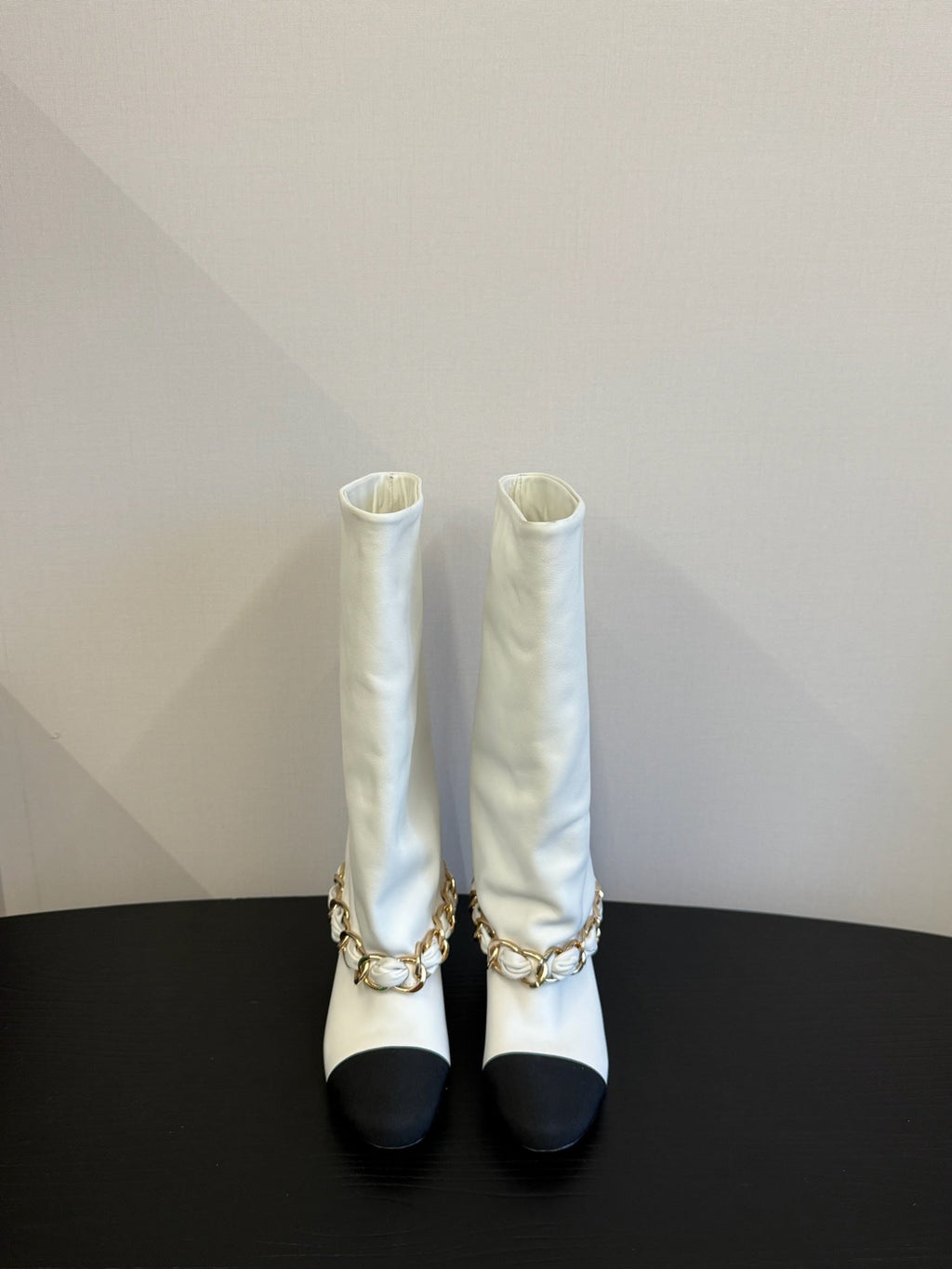 CC 25S High Boots With Chain Black White Cowhide & Sheepskin 417846
