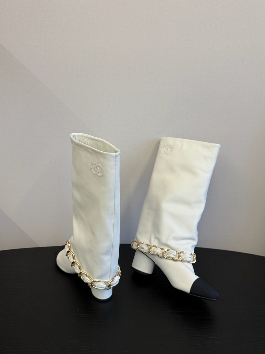 CC 25S High Boots With Chain Black White Cowhide & Sheepskin 417846