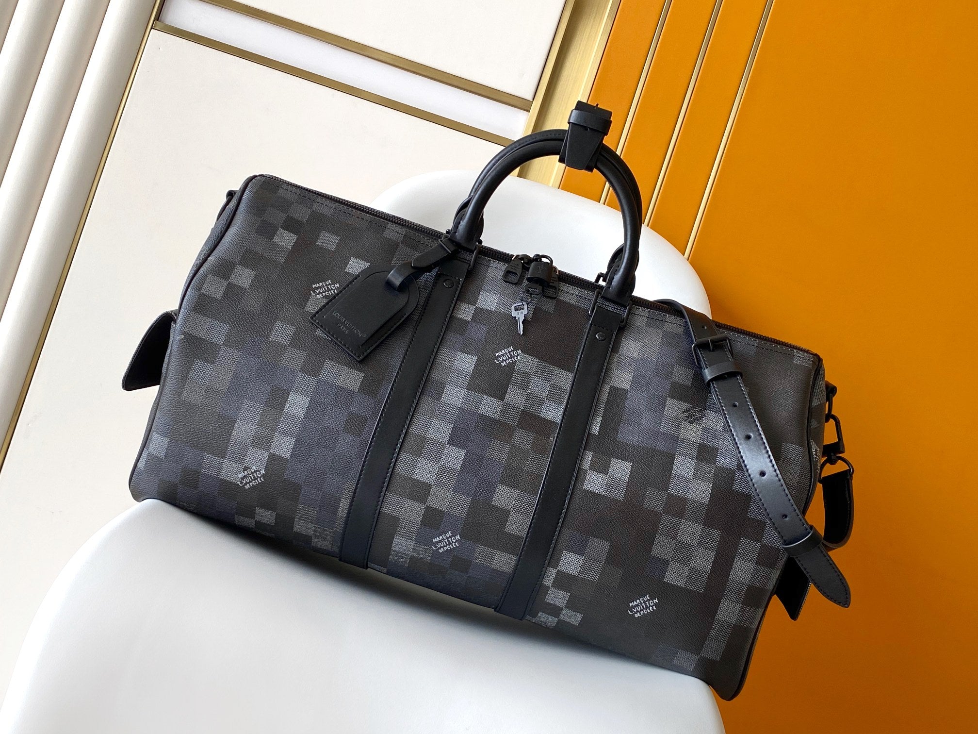 LV Keepall Bandouliere 50 Travel Bag Black Damoflage Canvas