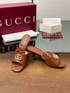 GG Canvas Mid-Heel Mules 7.5cm Tan Brown Sheepskin 646480