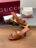 GG Canvas Mid-Heel Mules 7.5cm Tan Brown Sheepskin 646480