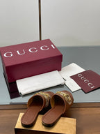 GG D-Shaped Sandals Brown Sheepskin Canvas 646462