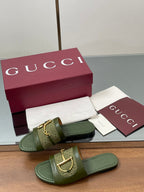 GG D-Shaped Sandals Olive Green Sheepskin Canvas 646463