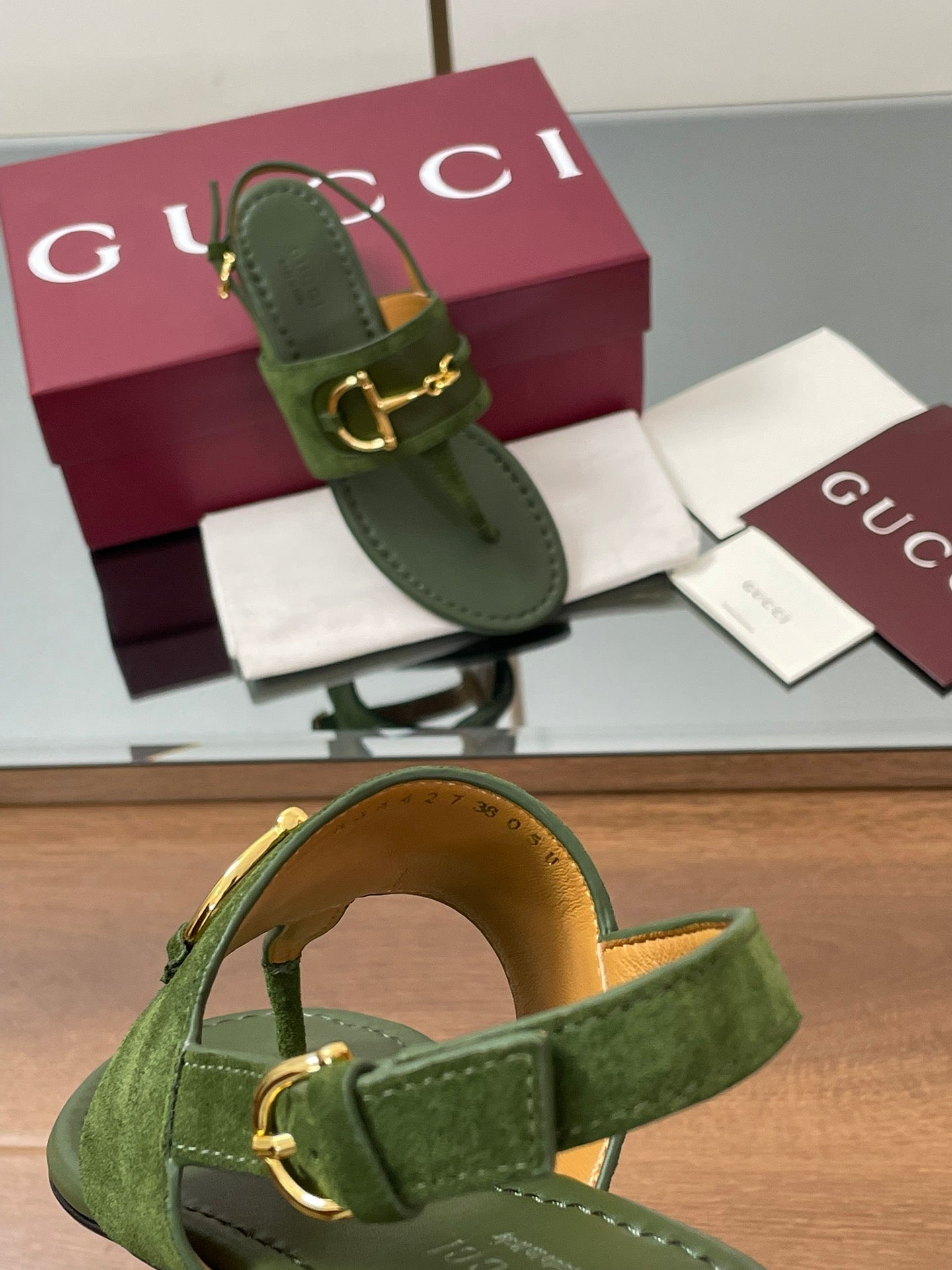 GG Horsebit Thong Flat Sandals Olive Green Sheepskin Suede 646470