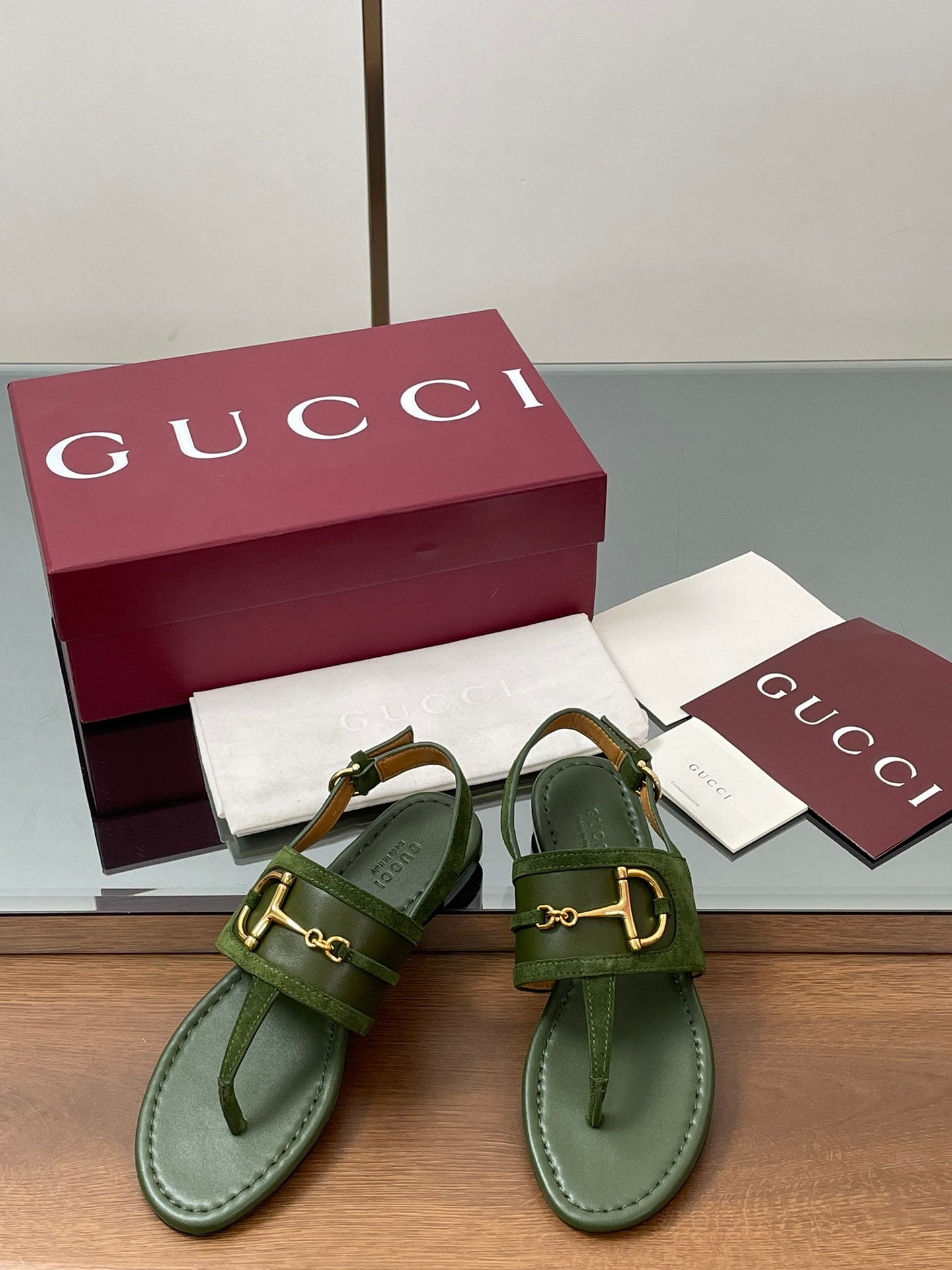 GG Horsebit Thong Flat Sandals Olive Green Sheepskin Suede 646470