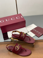 GG Horsebit Thong Flat Sandals Burgundy Sheepskin Suede 646471