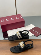 GG Horsebit Thong Flat Sandals Black Sheepskin Canvas 646469