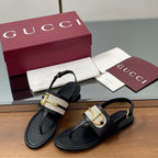 GG Horsebit Thong Flat Sandals Black Sheepskin Canvas 646469
