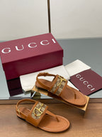 GG Horsebit Thong Flat Sandals Brown Beige Sheepskin Canvas 646467