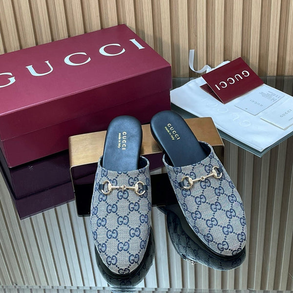 Gucci 25 Horsebit Mule Blue Grey GG Suede 563074