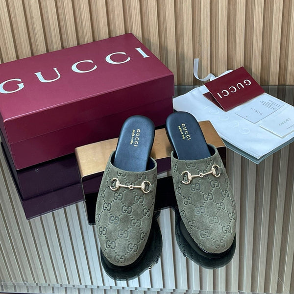 Gucci 25 Horsebit Olive Green Mule GG Suede 563080