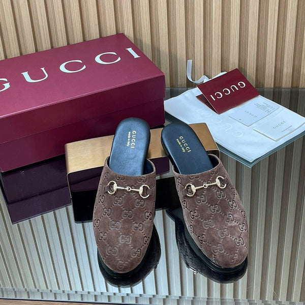 Gucci 25 Horsebit Coffee Brown Mule GG Suede 563081