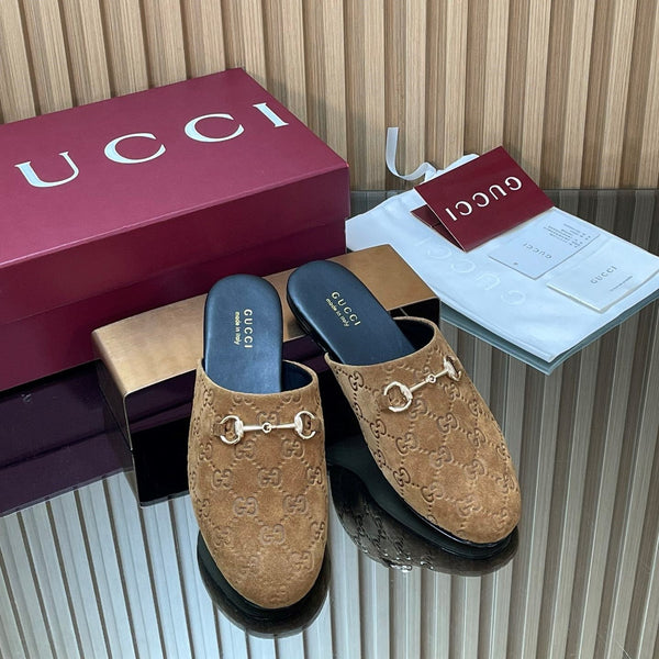 Gucci 25 Horsebit Light Brown Mule GG Suede 563082