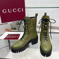 GG Platform Combat Boots Olive Green Logo Embossed Cowhide 476790