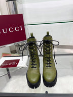 GG Platform Combat Boots Olive Green Logo Embossed Cowhide 476790
