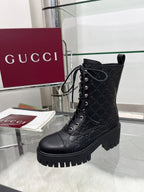 GG Platform Combat Boots Black Logo Embossed Cowhide 476791