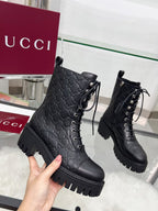 GG Platform Combat Boots Black Logo Embossed Cowhide 476791