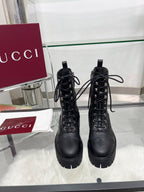 GG Platform Combat Boots Black Logo Embossed Cowhide 476791