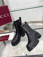 GG Platform Combat Boots Black Logo Embossed Cowhide 476791