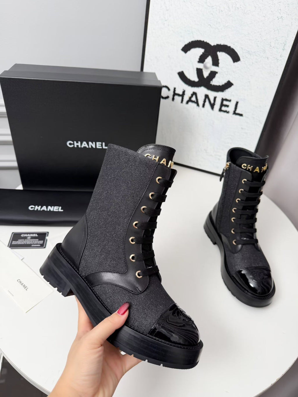 CC 26s Ankle Boot Black Blue Denim Patent Leather