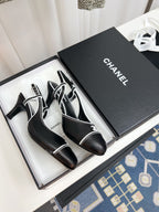 CC Slingback Heels With White Contrast Stitching Black Lambskin 476710