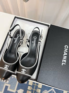 CC Slingback Heels With White Contrast Stitching Black Lambskin 476710