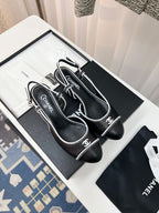 CC Slingback Heels With White Contrast Stitching Black Lambskin 476710