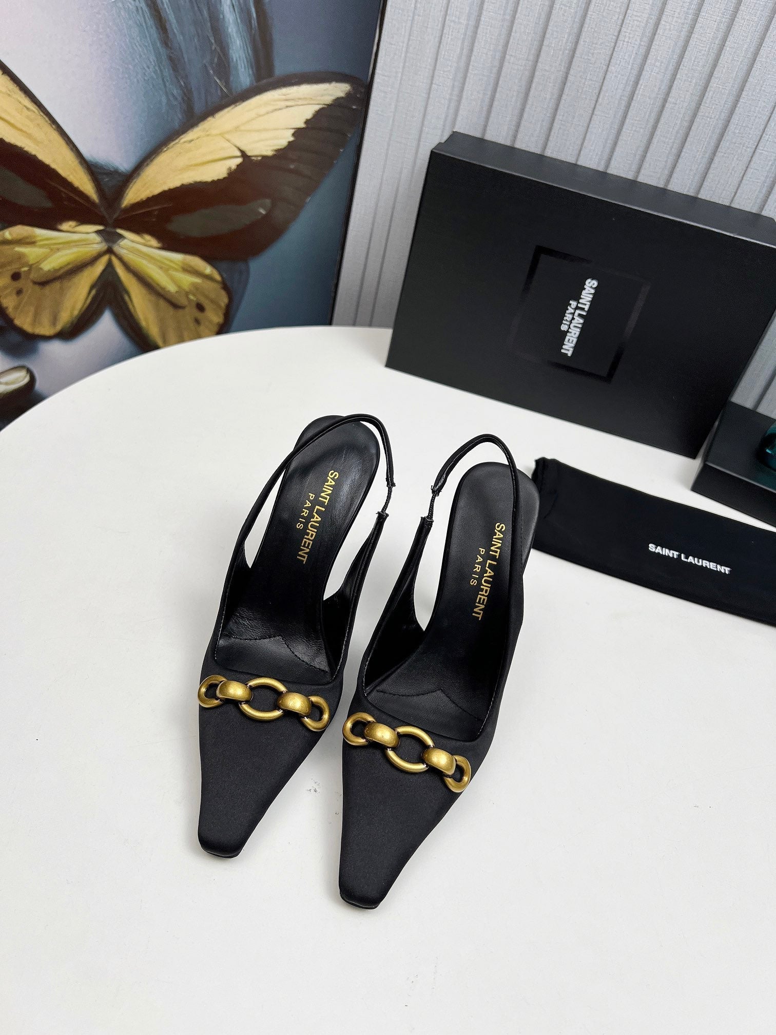YSL Hermione Slingback 11cm Black Silk 680404