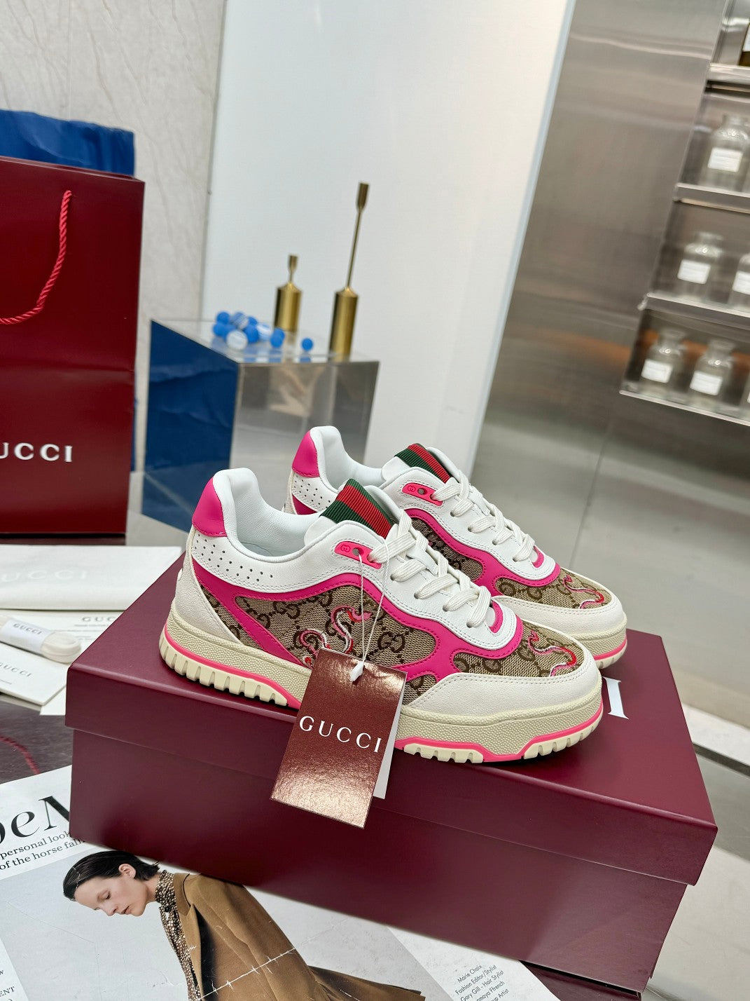 GG Re-Web Sneakers Pink Brown White Suede Cowhide Fabric 564717