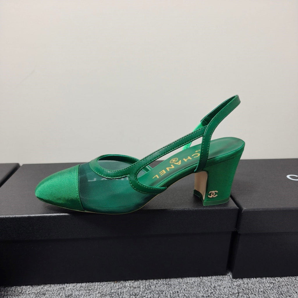 CC 26s Slingback 6.5cm Green Mesh Fabric Sheepskin 681993