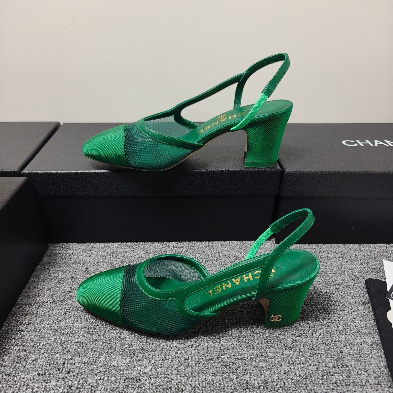 CC 26s Slingback 6.5cm Green Mesh Fabric Sheepskin 681993