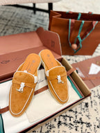 Loro Piana Salmon White Suede Charms Walk Flat Mules