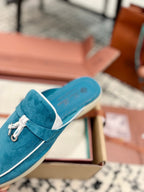 Loro Piana Ocean Blue White Suede Charms Walk Flat Mules