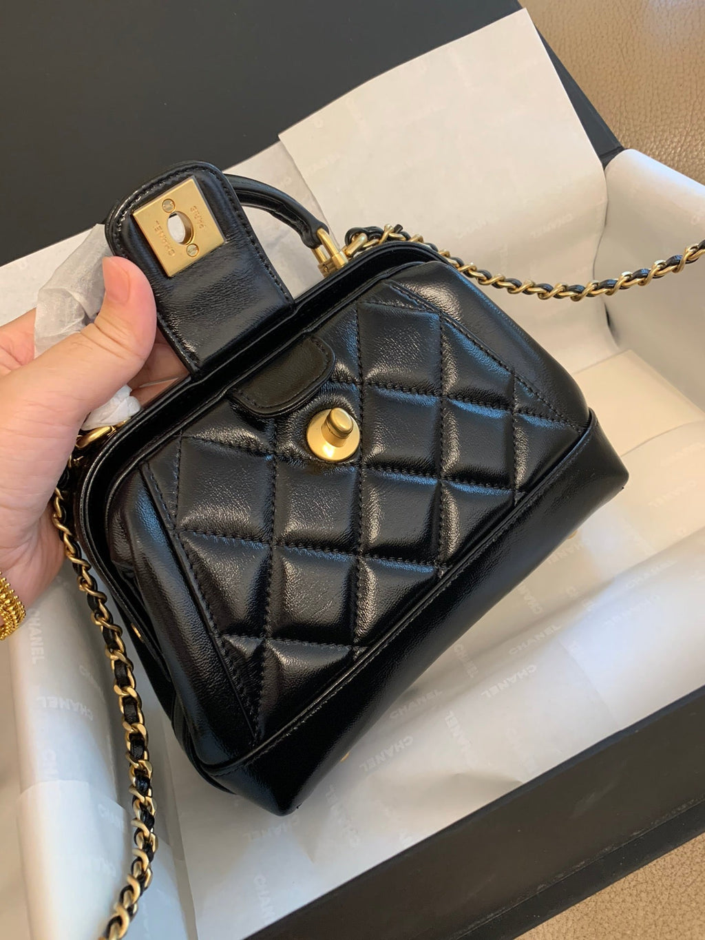 CC 24A 18cm Top Handle Mini Bag Black Lambskin