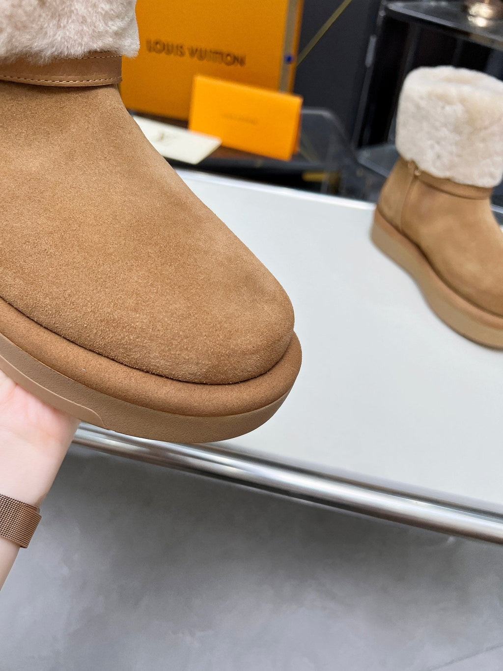 LV Aspen Platform Ankle Boot Brown White Suede