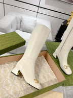 Gucci Horsebit Square Toe Mid-heeled Ankle High Boots White Cowhide 490538