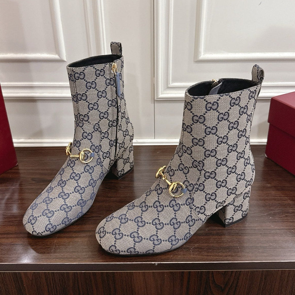 Gucci Horsebit Chunky Heel Ankle Boots Blue Ebony Cowhide Fabric 490558