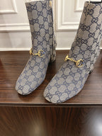 Gucci Horsebit Chunky Heel Ankle Boots Blue Ebony Cowhide Fabric 490558