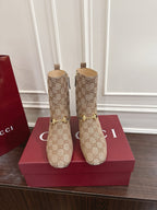 Gucci Horsebit Chunky Heel Ankle Boots Brown Beige Cowhide Fabric 490559