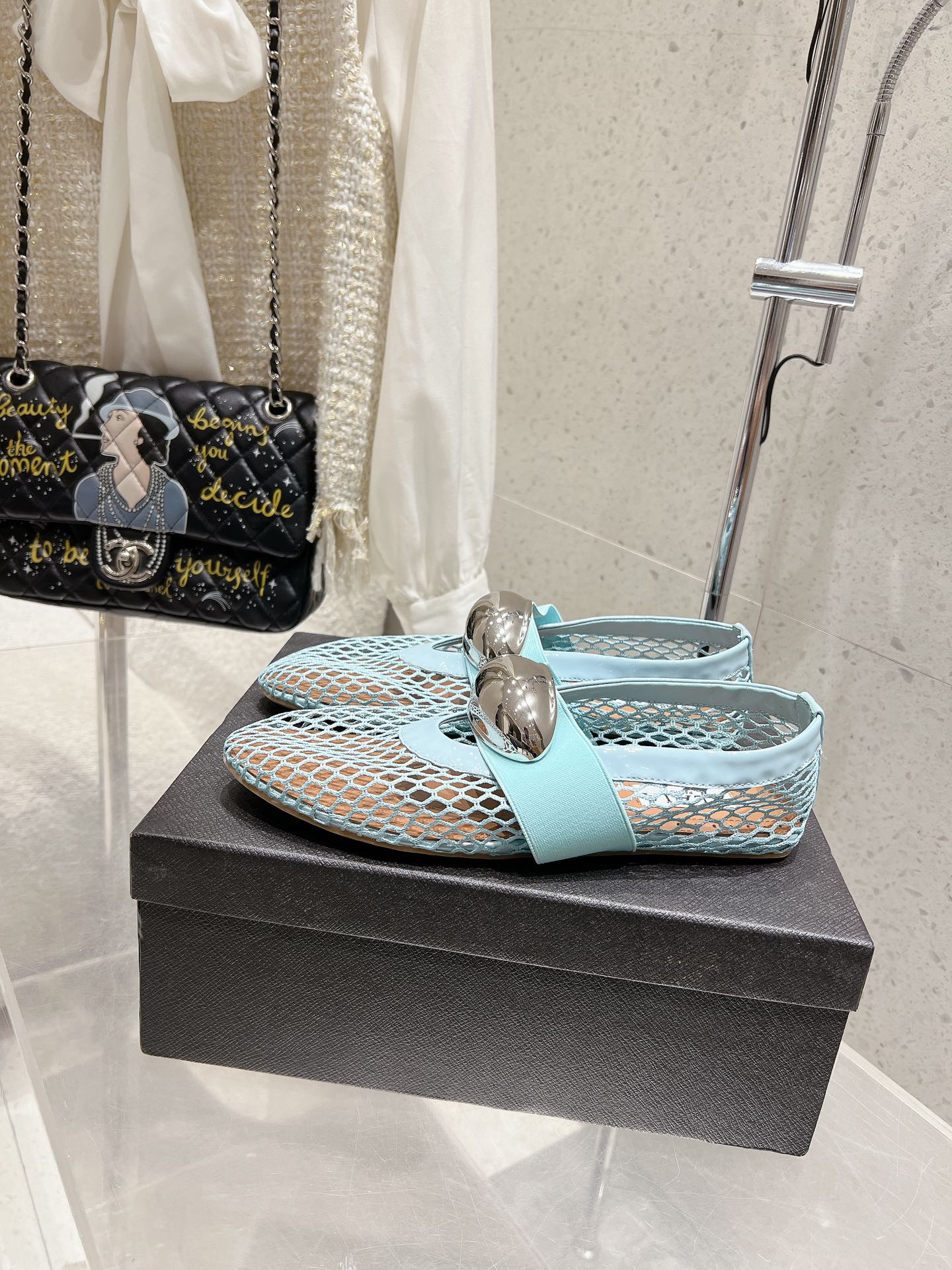 ballet flat jewel fishnet sky blue lambskin