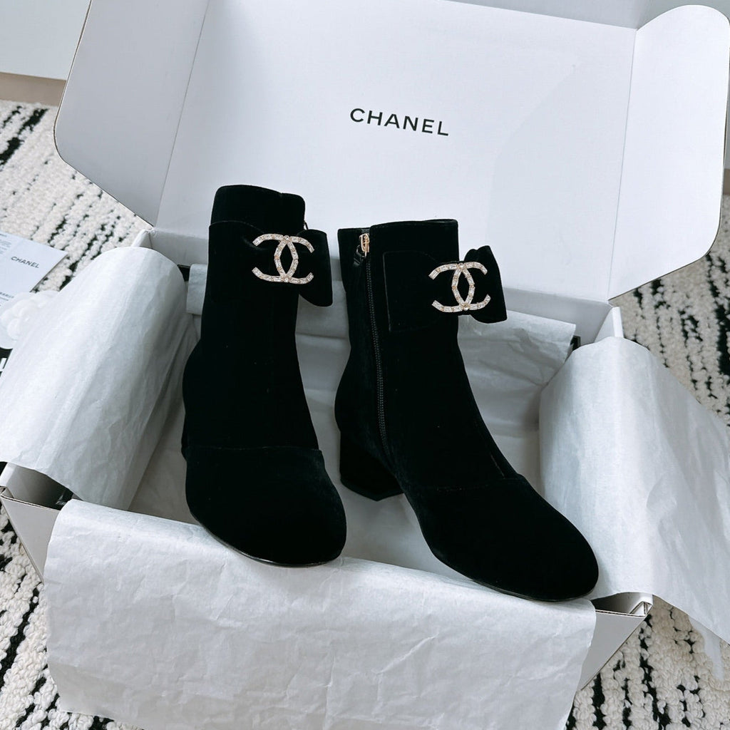 CC Ankle Boots In Black Velvet With Bow Tie 144659