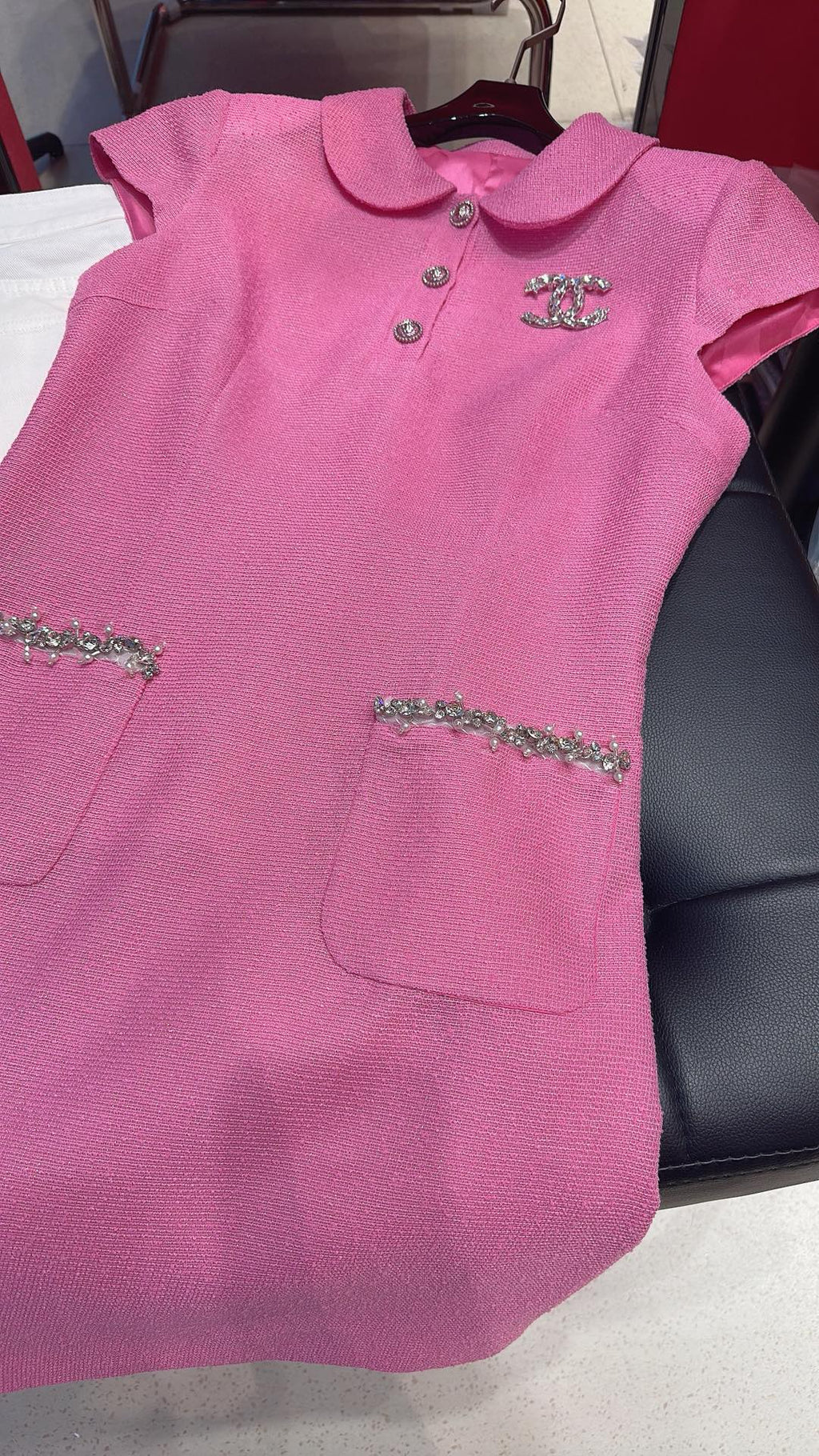 CC Doll Collar Waist Dress White Pink Cotton