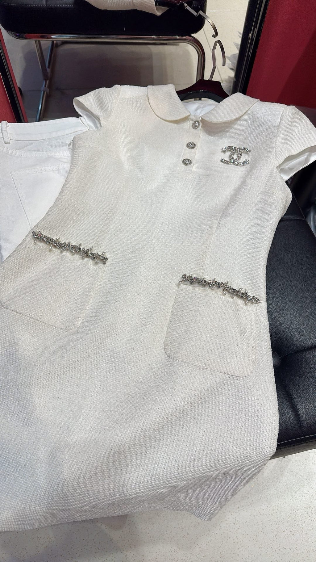 CC Doll Collar Waist Dress White Pink Cotton