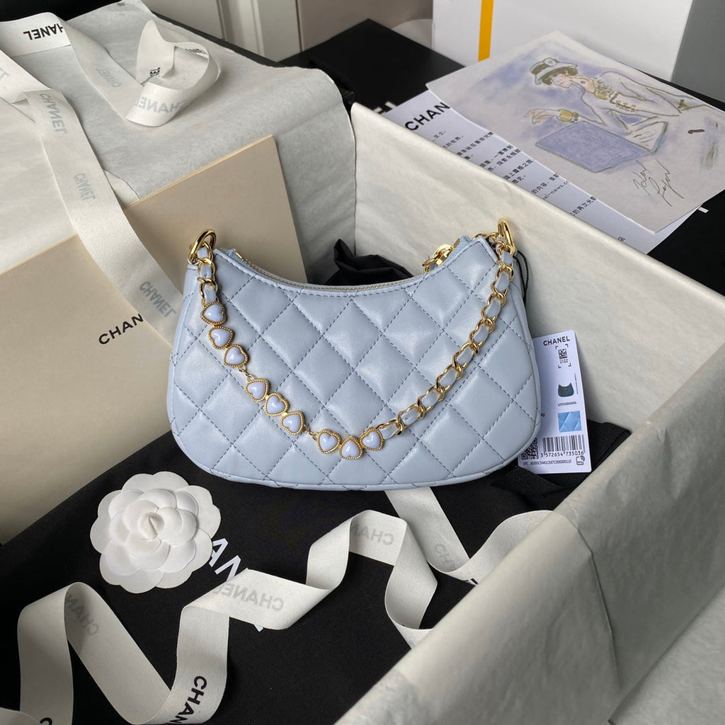 24p cc hobo bag 20cm cloud blue lambskin gold hardware
