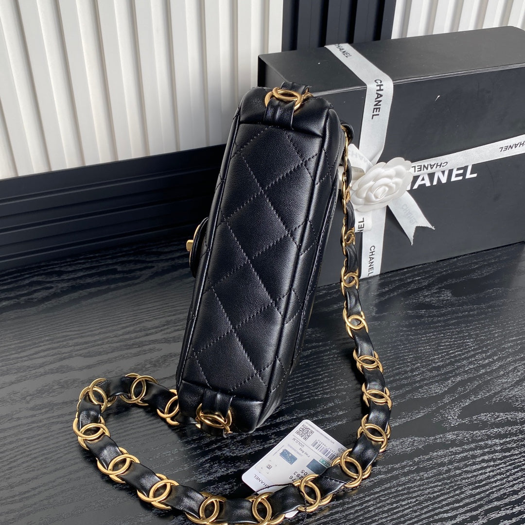 CC 24K Mini Flap Bag 24cm Black Lambskin Gold Hardware